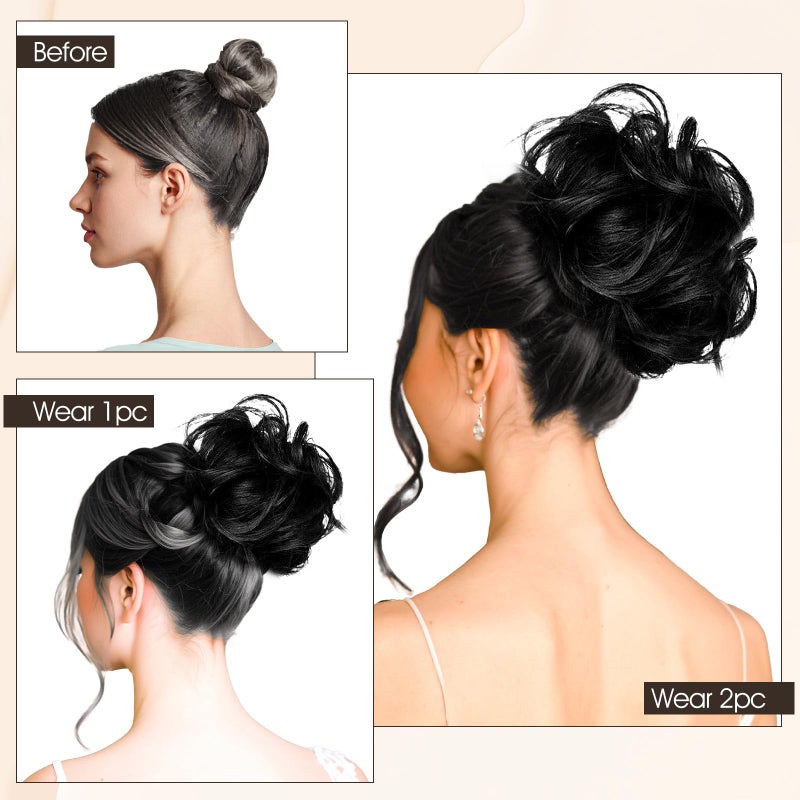 Bremorou Messy Bun Hair Piece, Fake Hair Bun Messy Scrunchies Wavy Curly Chignon Ponytail Extensions Synthetic Thick Tousled Updo Thick Updo Hairpiece For Daily Wear Real Ponytail Extension(Black) - Image 3